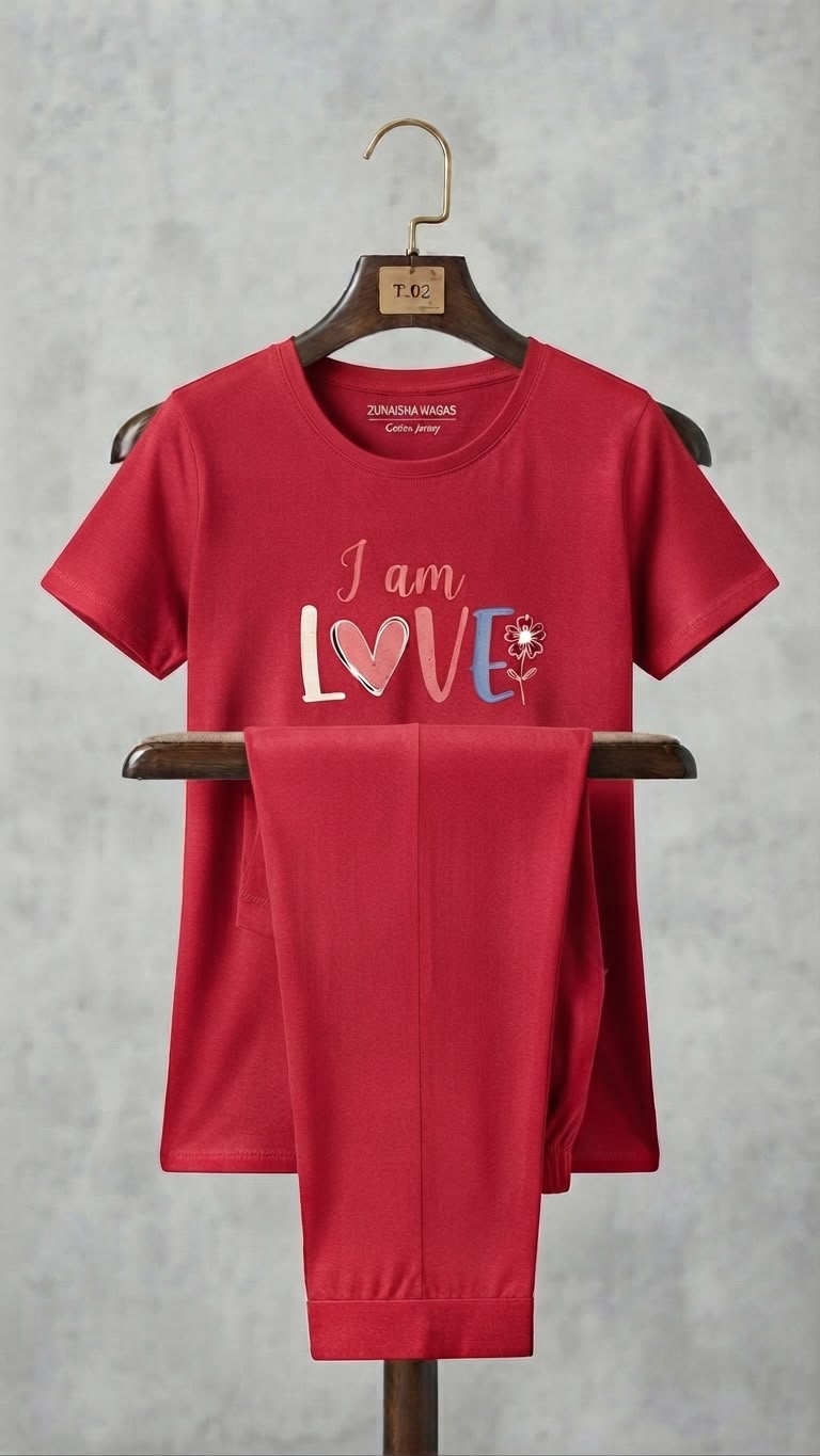 Women’s Red “I Am Love” T-Shirt & Trouser